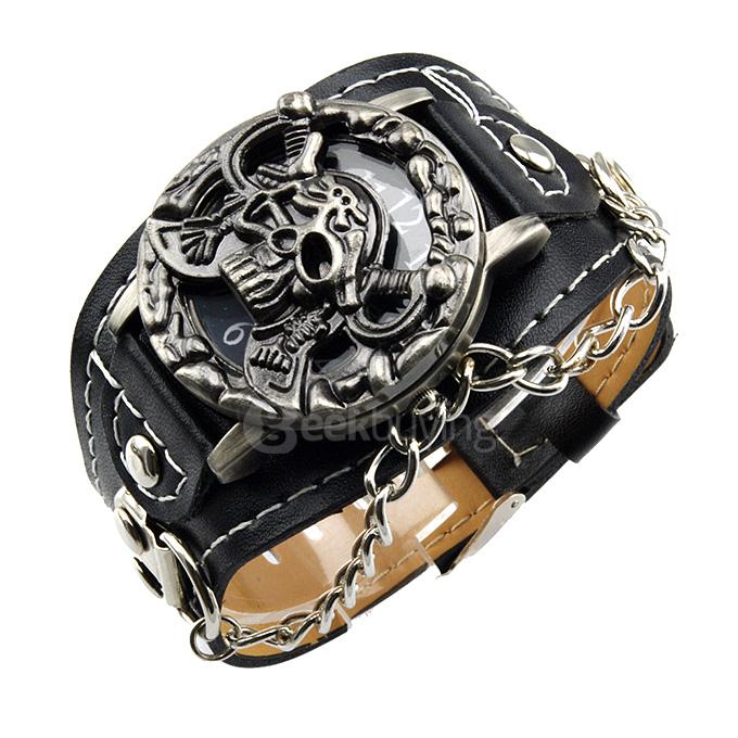 YR WH092 Personalized Unisex Fashion Chains Special Skull Design Flip-open Quartz Watch - Black