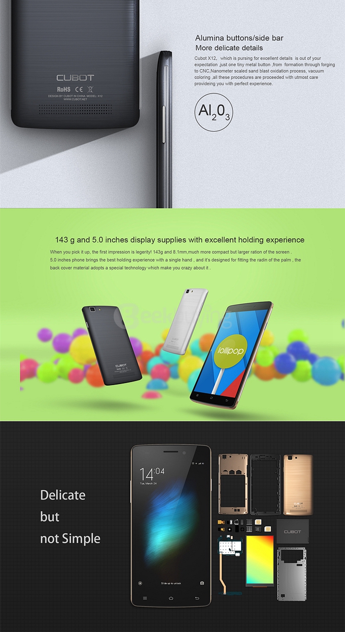 CUBOT X12 5.0inch 64 bit 4G FDD-LTE Android 5.1 Smartphone MTK6735 Quad Core 1GB RAM 8GB ROM 8.0MP IPS Miracast- Golden