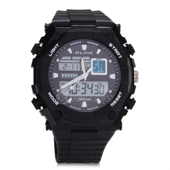 Alike AK1275 Multi-function 50m Waterproof Men Quartz Sports Watch Dual Time Display - Black