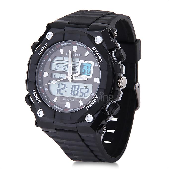 Alike AK1275 Multi-function 50m Waterproof Men Quartz Sports Watch Dual Time Display - Black + Silver