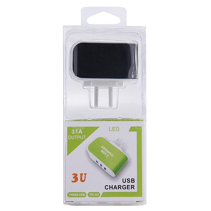 3 Ports USB AC Charger Adapter With LED US Plug - Black