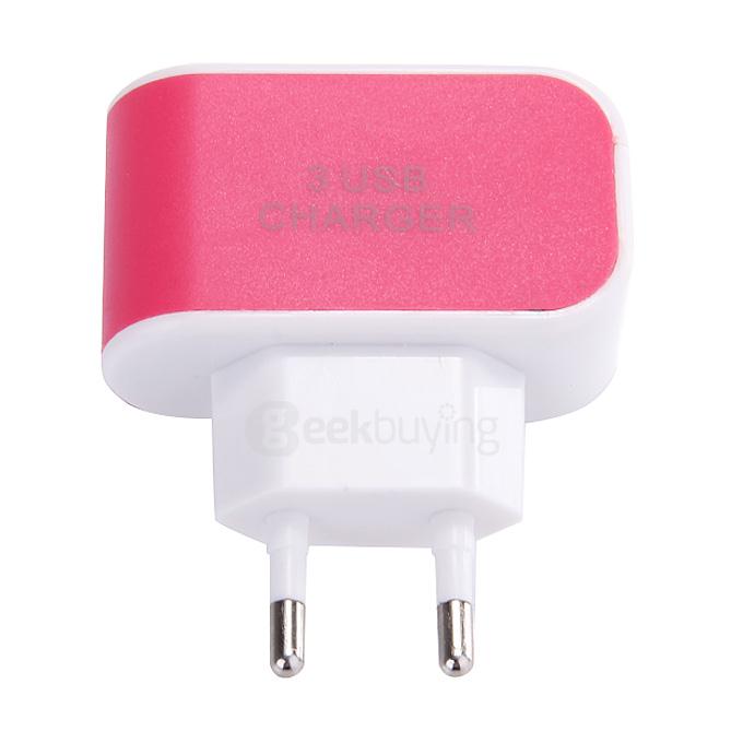 3 Ports USB AC Charger Adapter With LED EU Plug - Rose