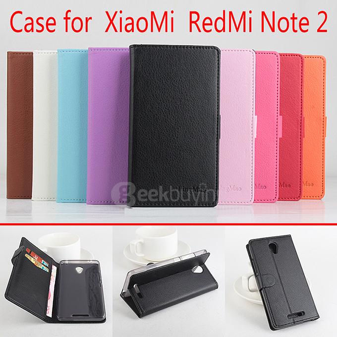 Litchi Texture Protective Hard Cover Flip Stand Leather Case for XIAOMI Redmi Note 2 Smartphone - Blue