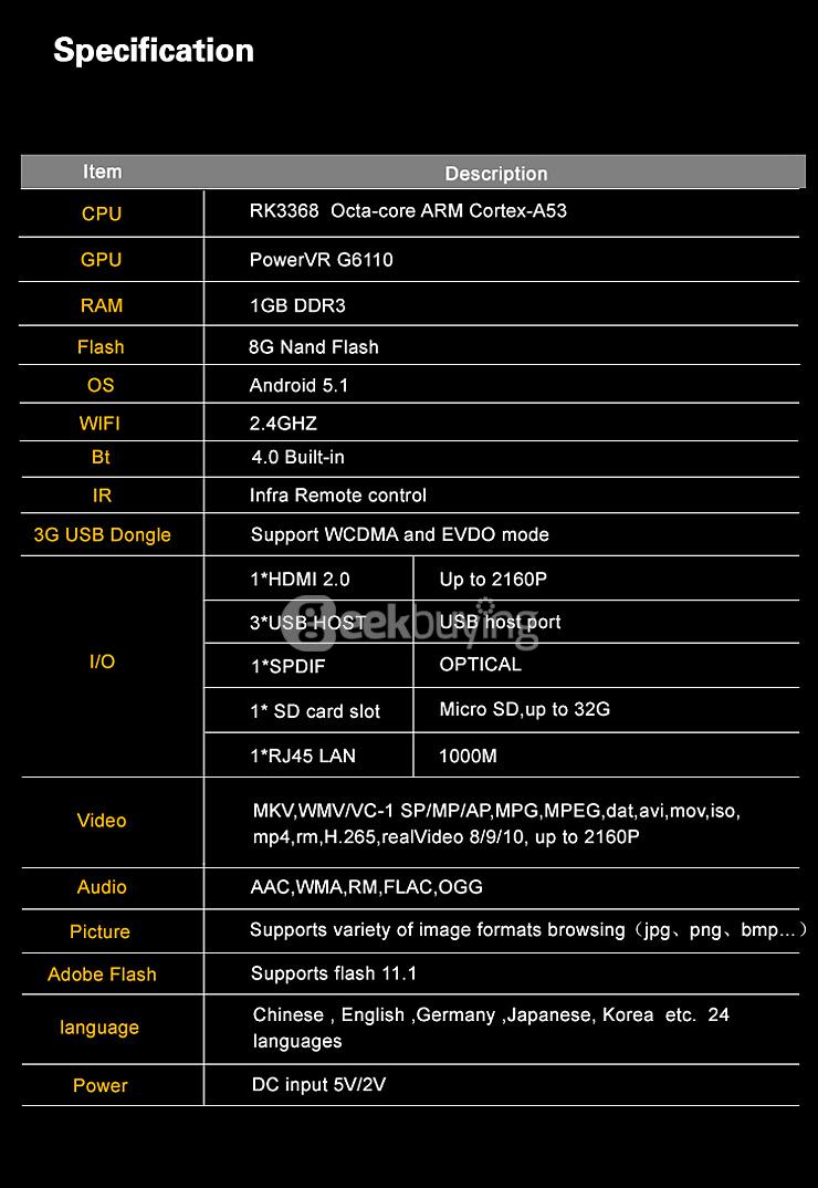 Measy B4T Android 5.1 4K TV BOX RK3368 Octa Core 1G/8G 802.11 b/g/n 2.4G Gigabit LAN Bluetooth 4.0 XBMC H.265