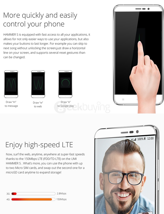 UMI HAMMER S 5.5inch HD 4G FDD-LTE Android 5.1 2GB 16GB Smartphone 64bit MTK6735M Quad Core TOUCH ID Smart Wake - White