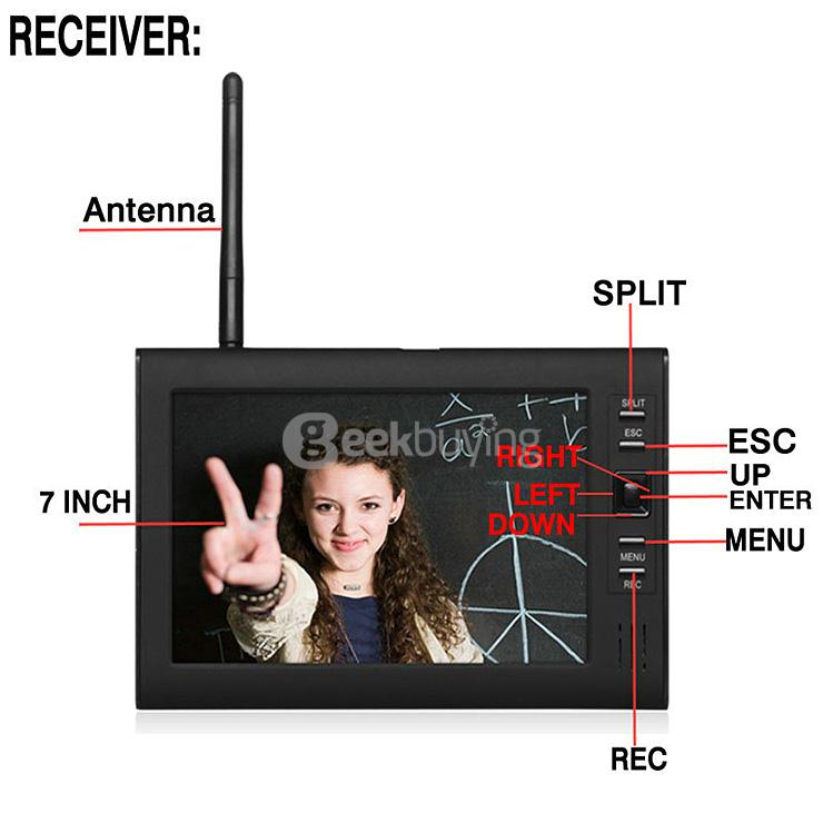 SY602E14 Digital 2.4G 7 Inch Wireless Cameras Audio Video Monitors 4CH DVR Security System With 4 IR Night Light Cameras - Black