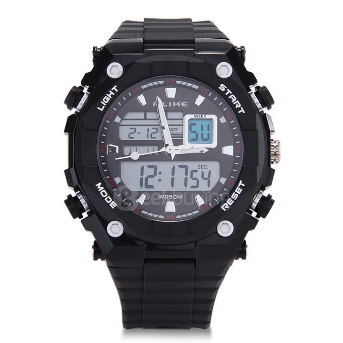 Alike AK1275 Multi-function 50m Waterproof Men Quartz Sports Watch Dual Time Display - Black + Silver