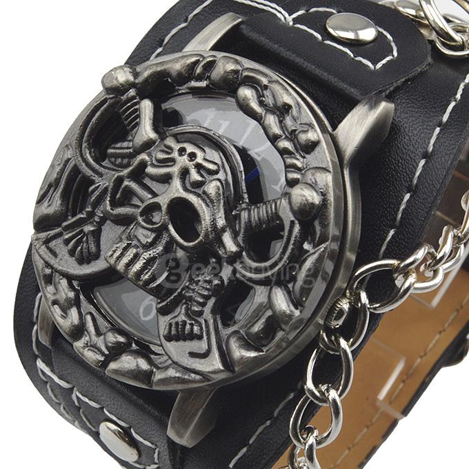 YR WH092 Personalized Unisex Fashion Chains Special Skull Design Flip-open Quartz Watch - Black