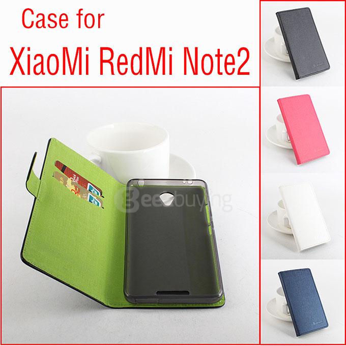 Contrast Color Protective Hard Cover Flip Stand Leather Case for Xiaomi Redmi Note 2 Smartphone - Black