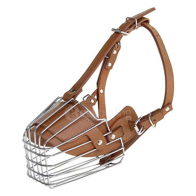 High Quality Steel Leather Dog Muzzle Cage for German Shepherd Dog - Silver + Brown