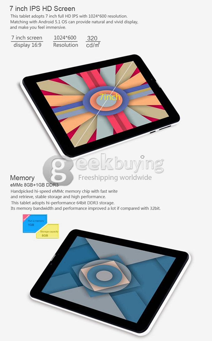 Chuwi Vi7 3G Phablet 7 Inch Android 5.1 Intel SoFia AtomX3 3G-R Quad Core 1GB/8GB Phone Call Tablet IPS 1024*600 GPS Bluetooth - Black+White