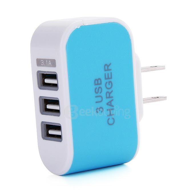 3 Ports USB AC Charger Adapter With LED US Plug - Blue