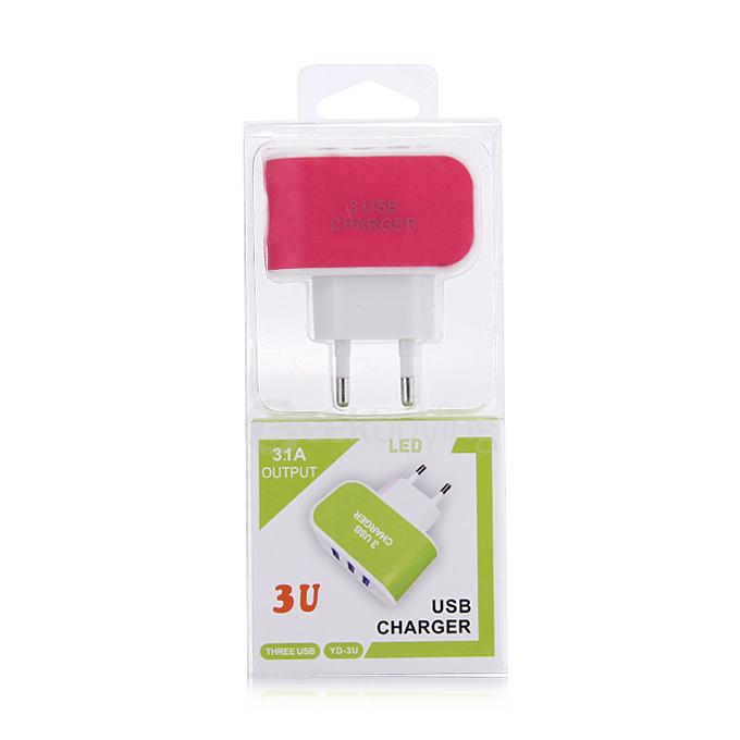 3 Ports USB AC Charger Adapter With LED EU Plug - Rose