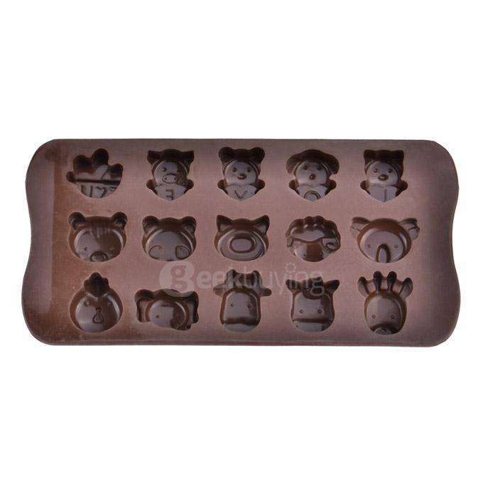 15-Slot Animals Silicone Cake Biscuit Baking Mold Tray Ice Mold Bakeware - Chocolate