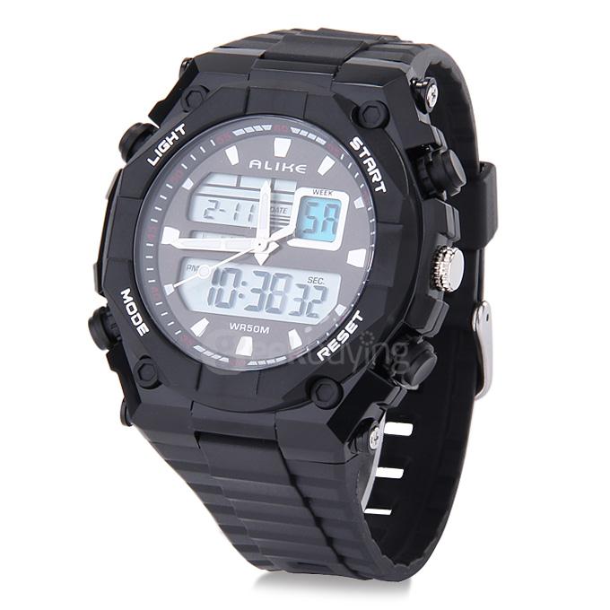Alike AK1275 Multi-function 50m Waterproof Men Quartz Sports Watch Dual Time Display - Black