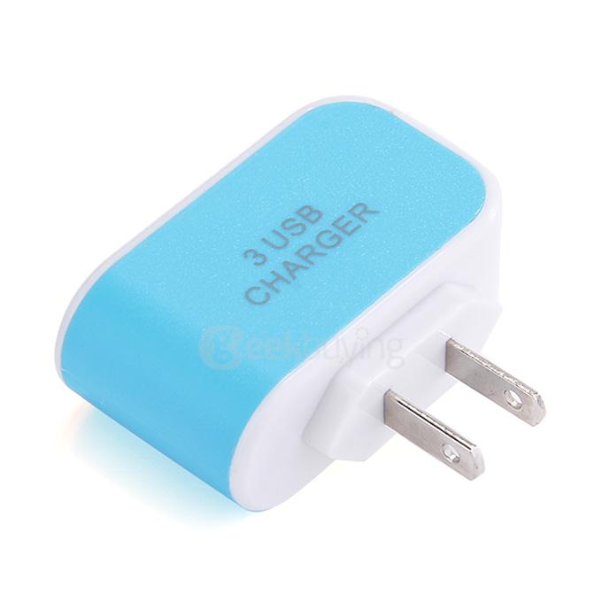 3 Ports USB AC Charger Adapter With LED US Plug - Blue