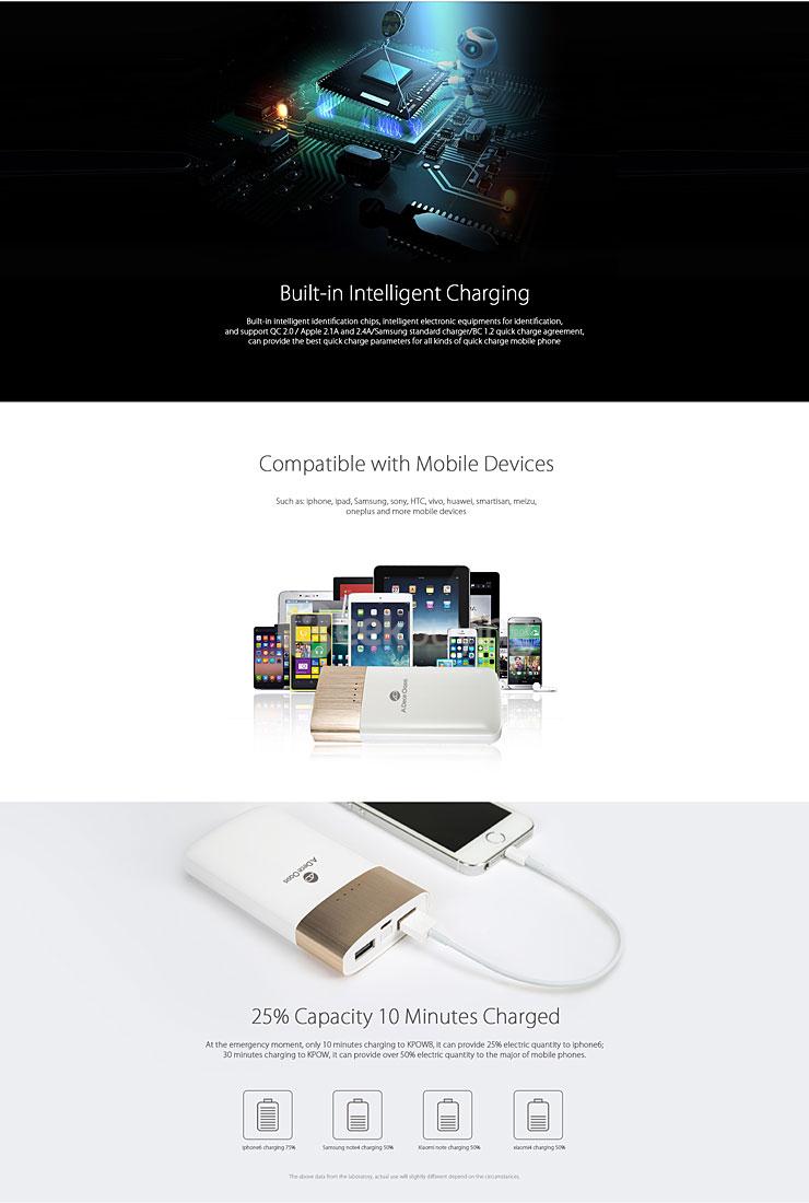 ADO KPOW8 9000mAh QC2.0 Quick Charge Two Way Power Bank External Battery Dual USB Output - White