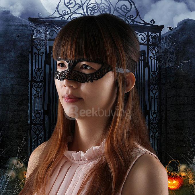 Fashion Elegant Hollow Out Lace Design Halloween Masquerades Party Cat Eye Mask - Black