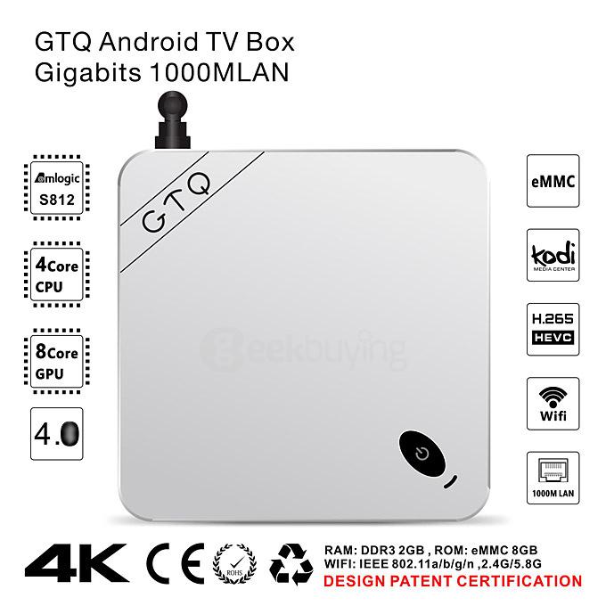 GTQ Android 5.1 4K Media Player S812 Quad Core 2G/8G 2.4G/5.8G WIFI Gigabit LAN Bluetooth4.0 H,265 HDMI OTG - White