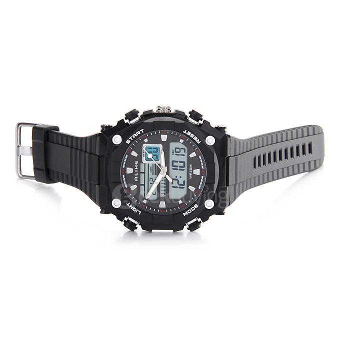 Alike AK1275 Multi-function 50m Waterproof Men Quartz Sports Watch Dual Time Display - Black + Silver
