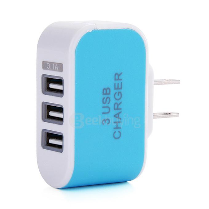 3 Ports USB AC Charger Adapter With LED US Plug - Blue