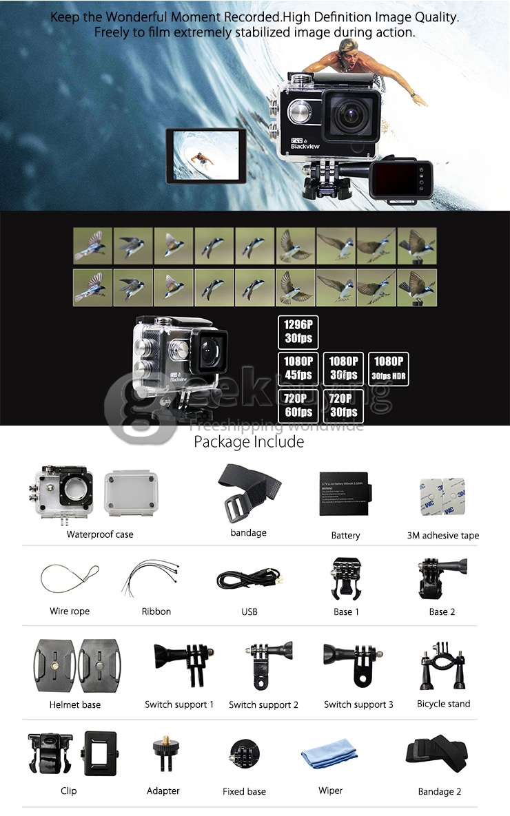 Blackview Hero 2 Pro Ambarella A7LA50 Chipset RF 2inch Screen 170 Degree Wide Angle Lens Sports Video Camera Camcorder-White