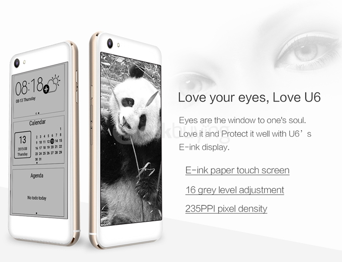 OUKITEL U6 5.0inch Dual Screen 64-Bit 4G LTE Android 5.1 1GB 16GB Smartphone 64bit MT6735 Quad Core 2.0/8.0MP E-ink Screen - White