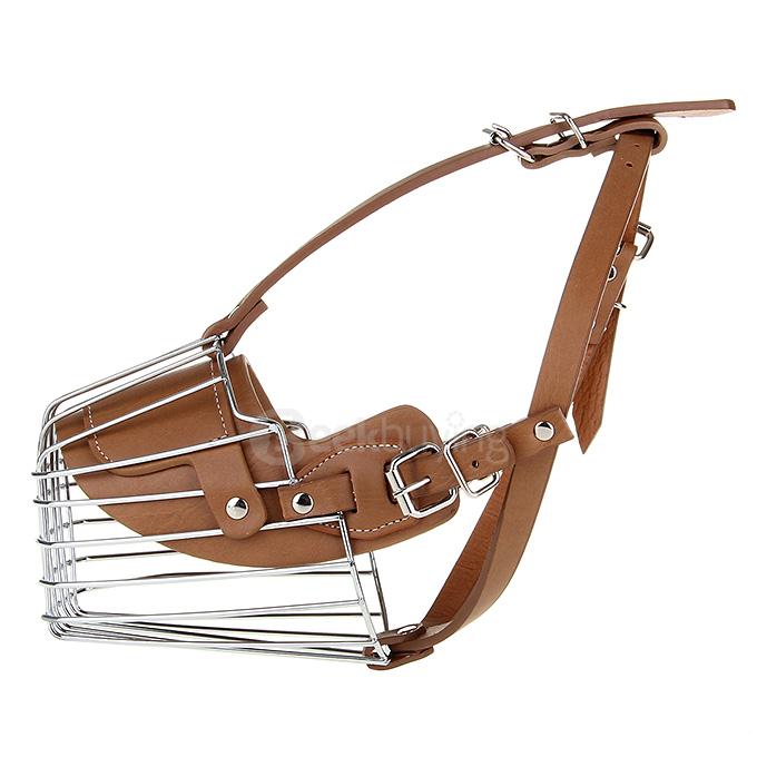 High Quality Steel Leather Dog Muzzle Cage for German Shepherd Dog - Silver + Brown