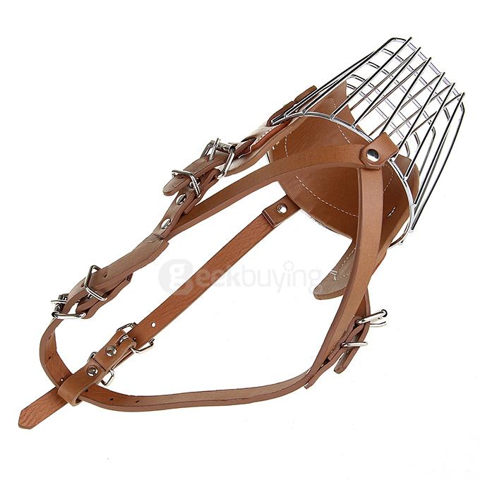 High Quality Steel Leather Dog Muzzle Cage for German Shepherd Dog - Silver + Brown