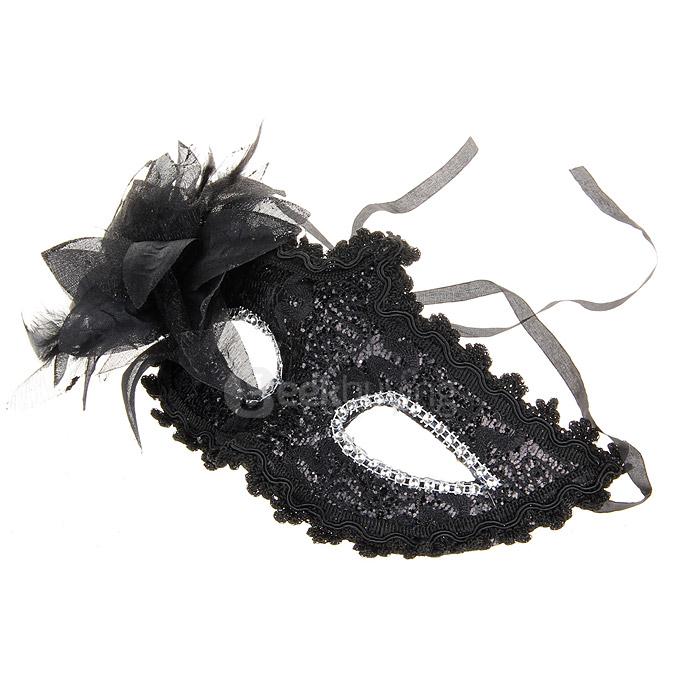 Elegant Halloween Masquerades Party Lace Feather Half Face Mask w/ Flower - Black