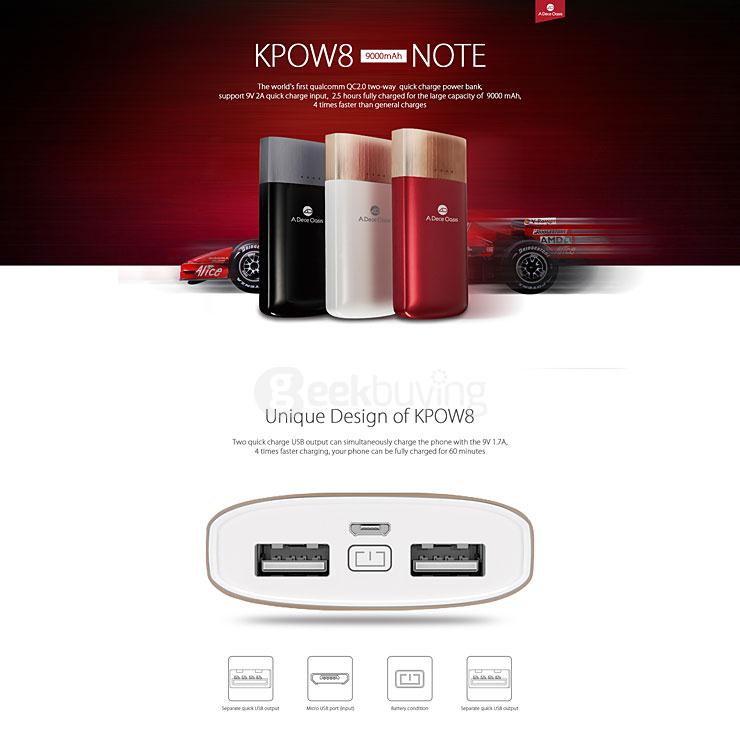 ADO KPOW8 9000mAh QC2.0 Quick Charge Two Way Power Bank External Battery Dual USB Output - White