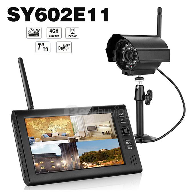 SY602E11 Digital 2.4G 7 Inch Wireless Cameras Audio Video Monitors 4CH DVR Security System With IR Night Vision Cameras - Black