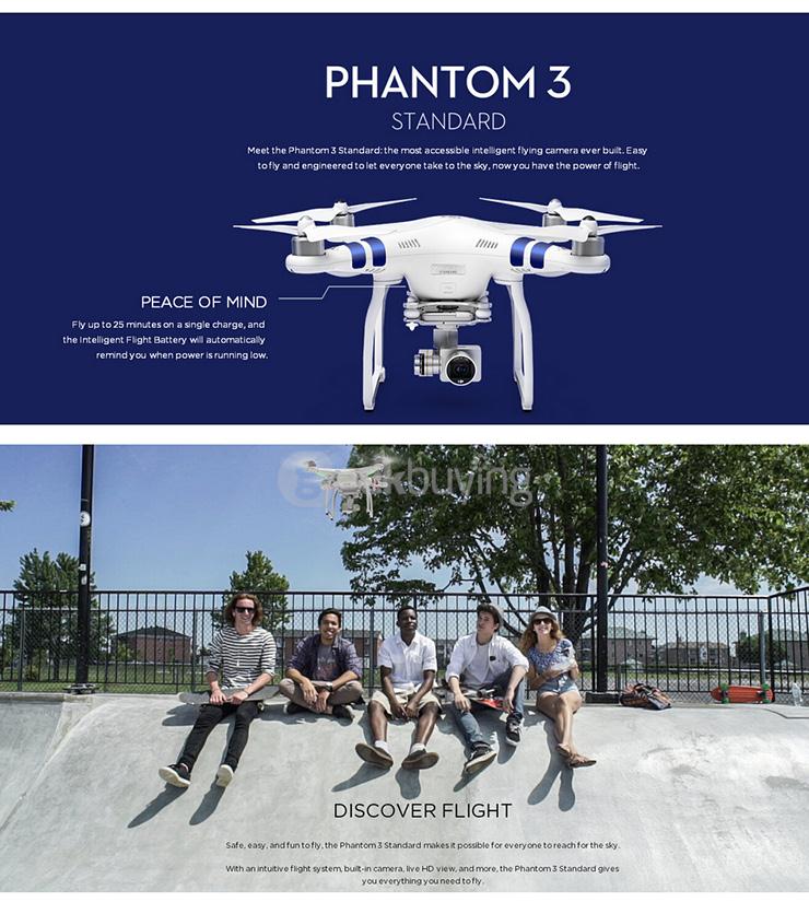 DJI Phantom 3 Standard FPV Follow Me Quadcopter 12MP Camera Shoots 2.7K Video RC Drone RTF - White + Red