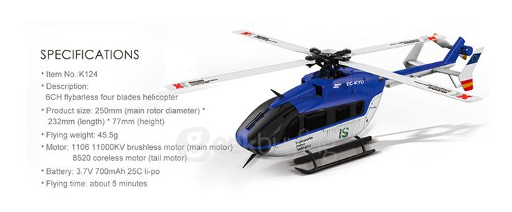 XK K124 6CH Brushless RC Helicopter EC145 3D6G System Inverted Flight Copter RTF