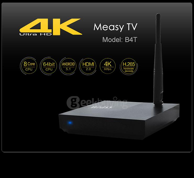 Measy B4T Android 5.1 4K TV BOX RK3368 Octa Core 1G/8G 802.11 b/g/n 2.4G Gigabit LAN Bluetooth 4.0 XBMC H.265