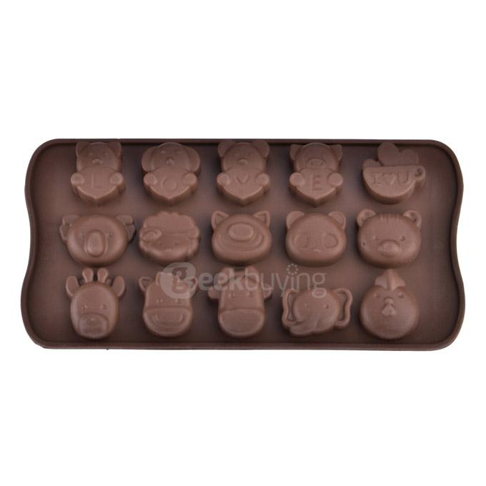 15-Slot Animals Silicone Cake Biscuit Baking Mold Tray Ice Mold Bakeware - Chocolate
