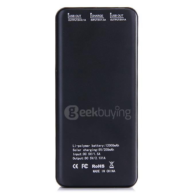 12000mAh Dual USB Solar Charger External Portable Battery Touch Screen Power Bank for Phone Tablet MP3/4 Camera - Black