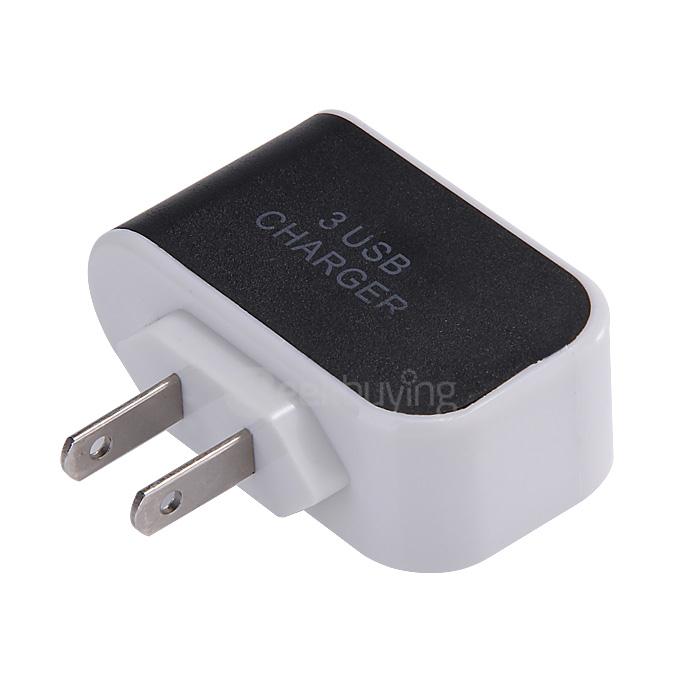 3 Ports USB AC Charger Adapter With LED US Plug - Black