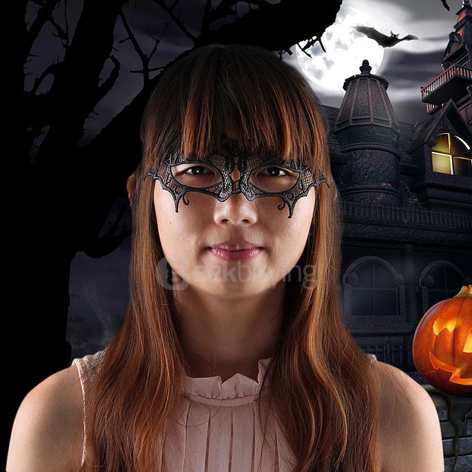 Fashion Elegant Hollow Out Lace Design Halloween Masquerades Party Bat Mask - Black