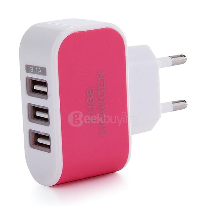 3 Ports USB AC Charger Adapter With LED EU Plug - Rose