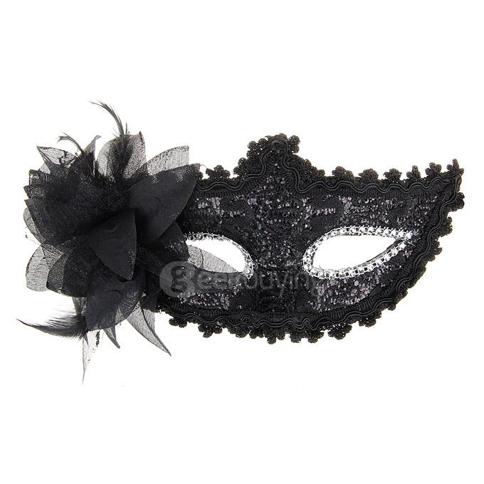 Elegant Halloween Masquerades Party Lace Feather Half Face Mask w/ Flower - Black