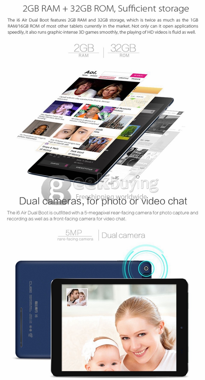 Cube i6 Air Dual OS 2GB/32GB Intel Z3735F Quad Core 1.8GHz Win 8.1 + Android 4.4 Tablet PC 9.7 Inch 2048*1536 Retina OTG Bluetooth Wifi - Black + Blue