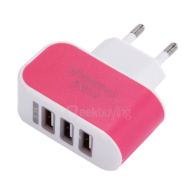 3 Ports USB AC Charger Adapter With LED EU Plug - Rose