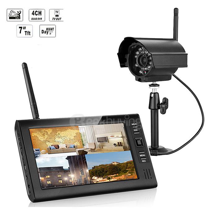 SY602E12 Digital 2.4G 7 Inch Wireless Cameras Audio Video Monitors 4CH DVR Security System With IR Night Vision Cameras - Black