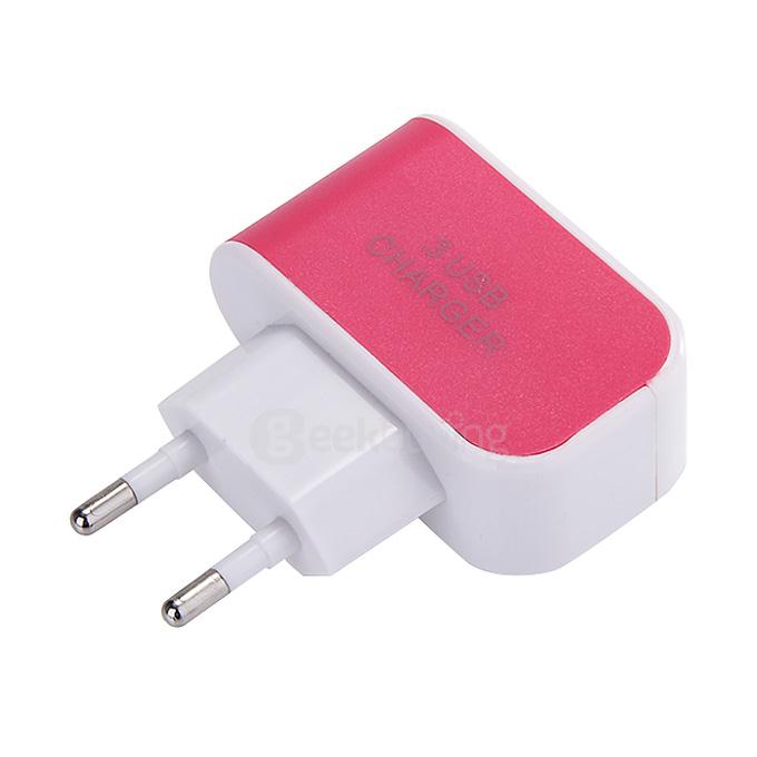 3 Ports USB AC Charger Adapter With LED EU Plug - Rose