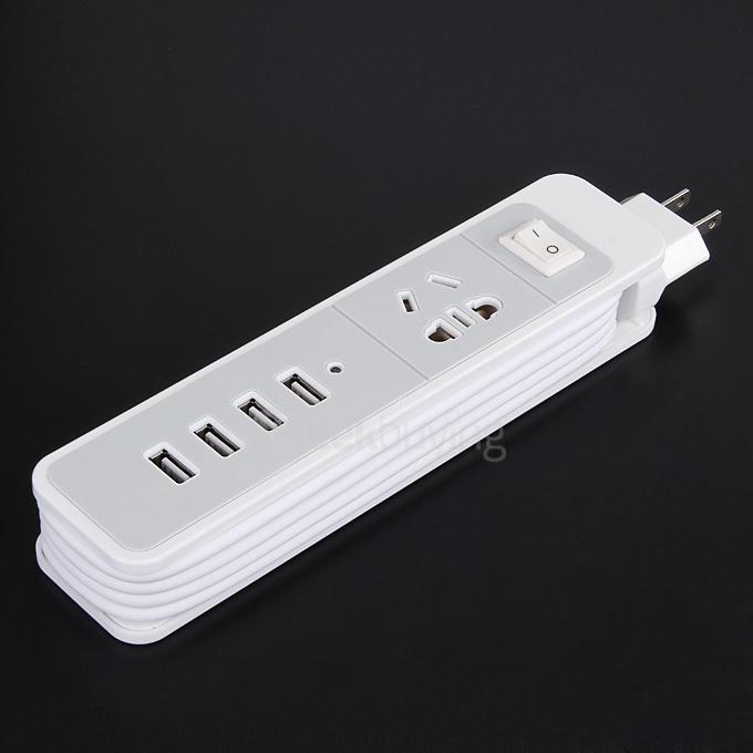 Universal Wire-Hidden 4.8A 240V Power Strip with A Power Socket 4 USB Charging Ports US Standard Plug - White