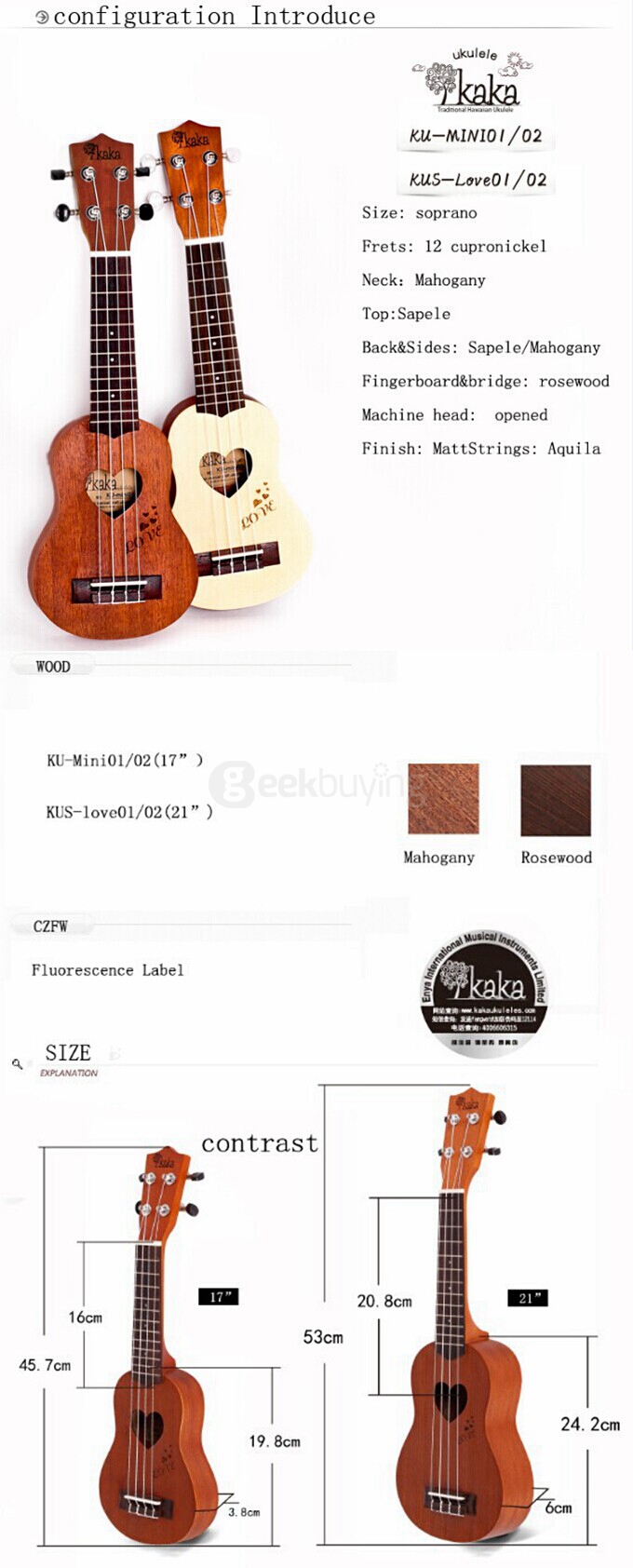 Kaka KU-MINI01 17 Inch Mini Soprano Sapele Ukulele Handcraft Wood Children Mini Guitar 4 Aquila Strings