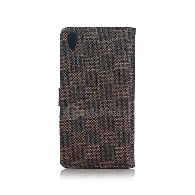 Plaid Pattern Protective Leather Case With Holder/Card Slots/Wallet For SONY Xperia Z5 Smartphone - Brown
