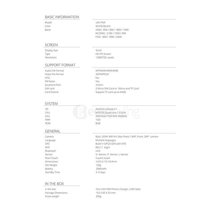 UMI Fair 5.0inch HD 4G FDD-LTE Android 5.1 1GB 8GB Smartphone 64bit MT6735 Quad Core TOUCH ID 13.0MP Camera - Black
