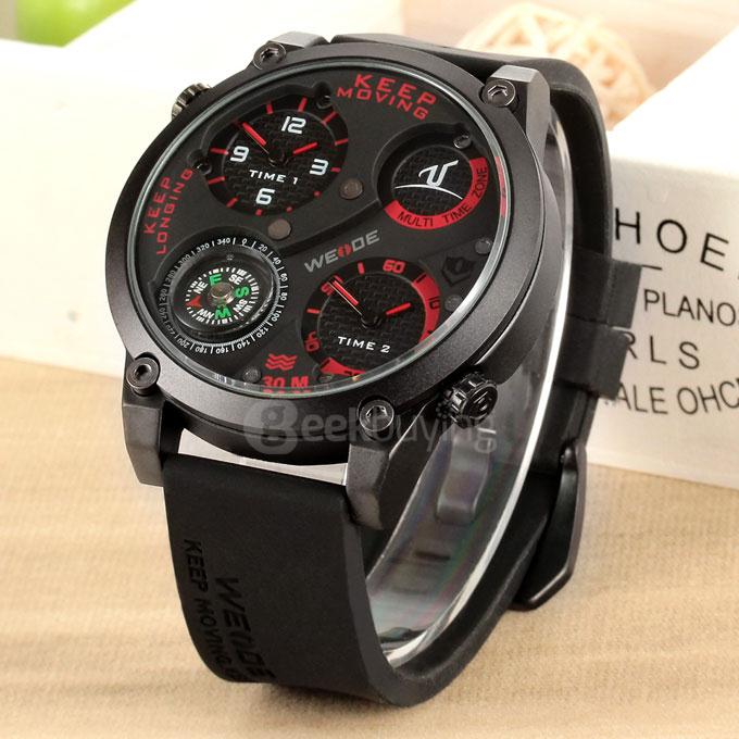 WEIDE UV1505 Trendy 3ATM Waterproof Electronic Men Quartz Sport Watch PU Strap Alloy Shell Dual Time Zones with Compass - Black